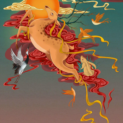  神话鹿鹤同春六合同春 