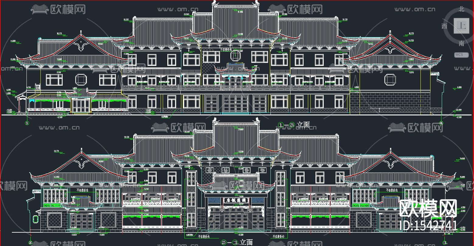仿古建筑办公楼cad施工图下载（渲染图1）
