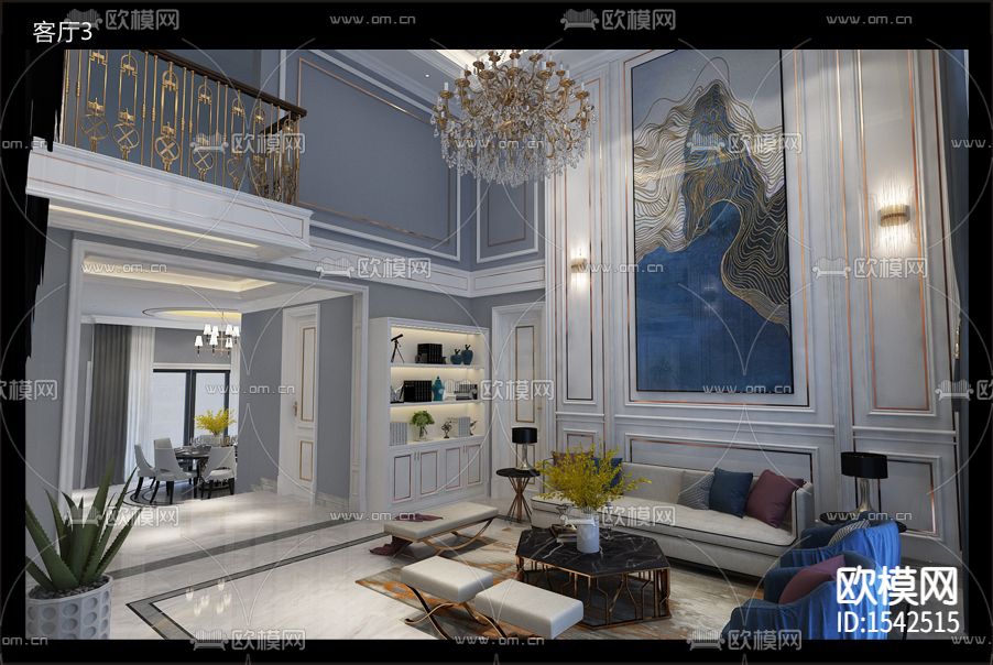 简欧别墅cad施工图下载（渲染图1）