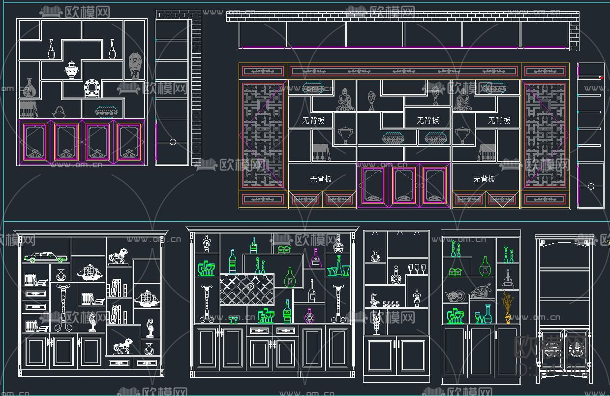 中式博古架酒柜cad图库下载（渲染图2）