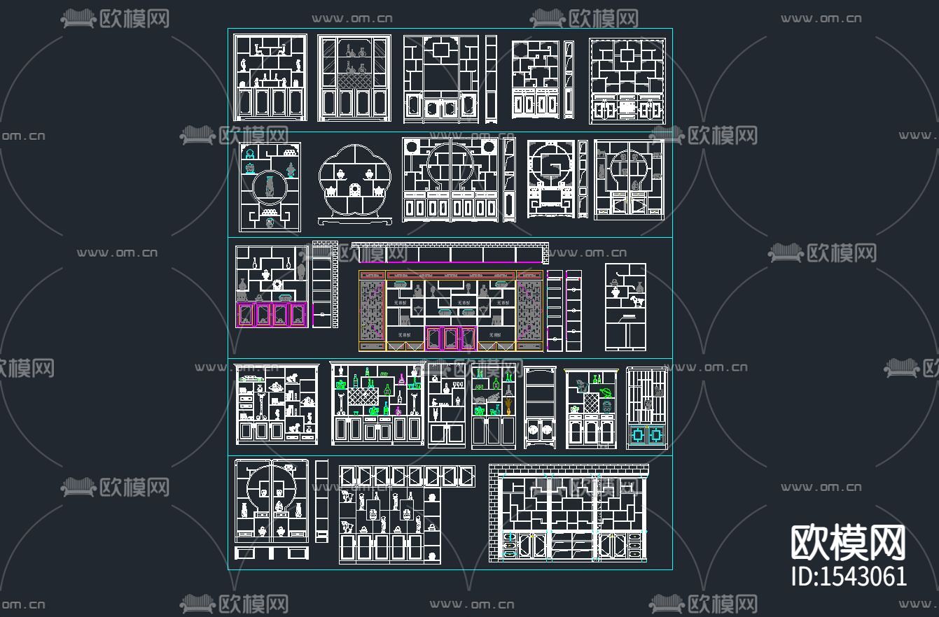 中式博古架酒柜cad图库下载（渲染图3）