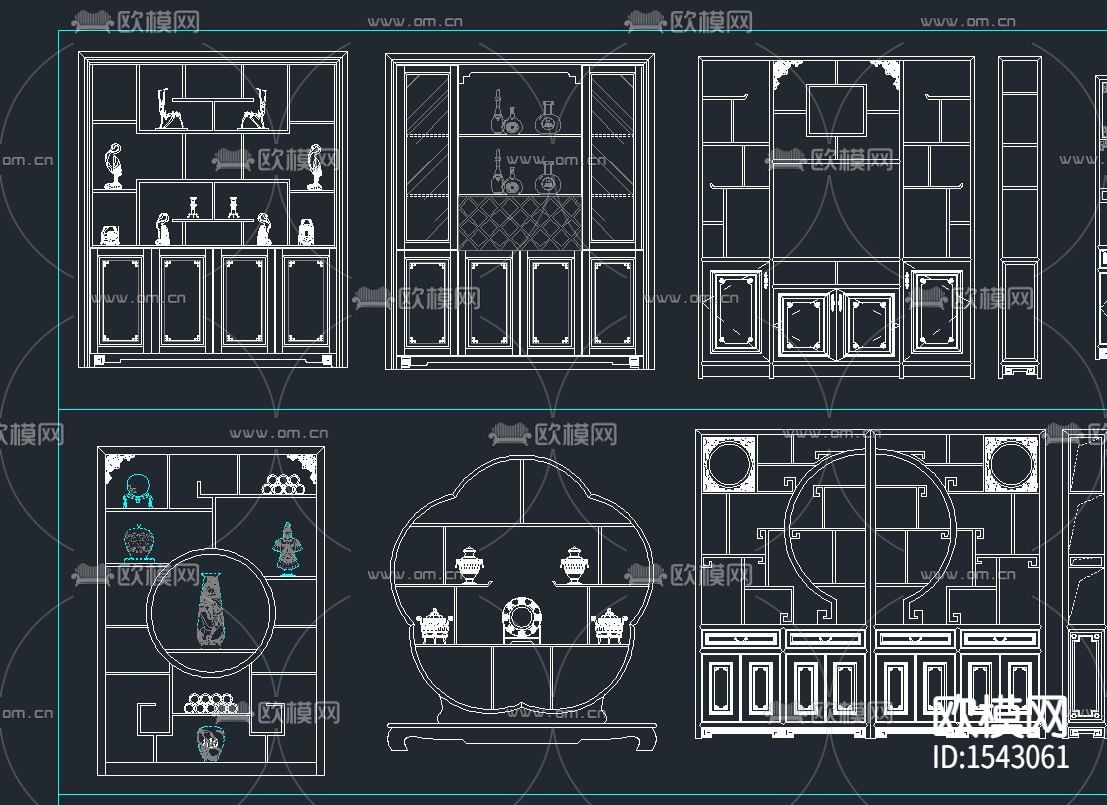 中式博古架酒柜cad图库下载（渲染图1）