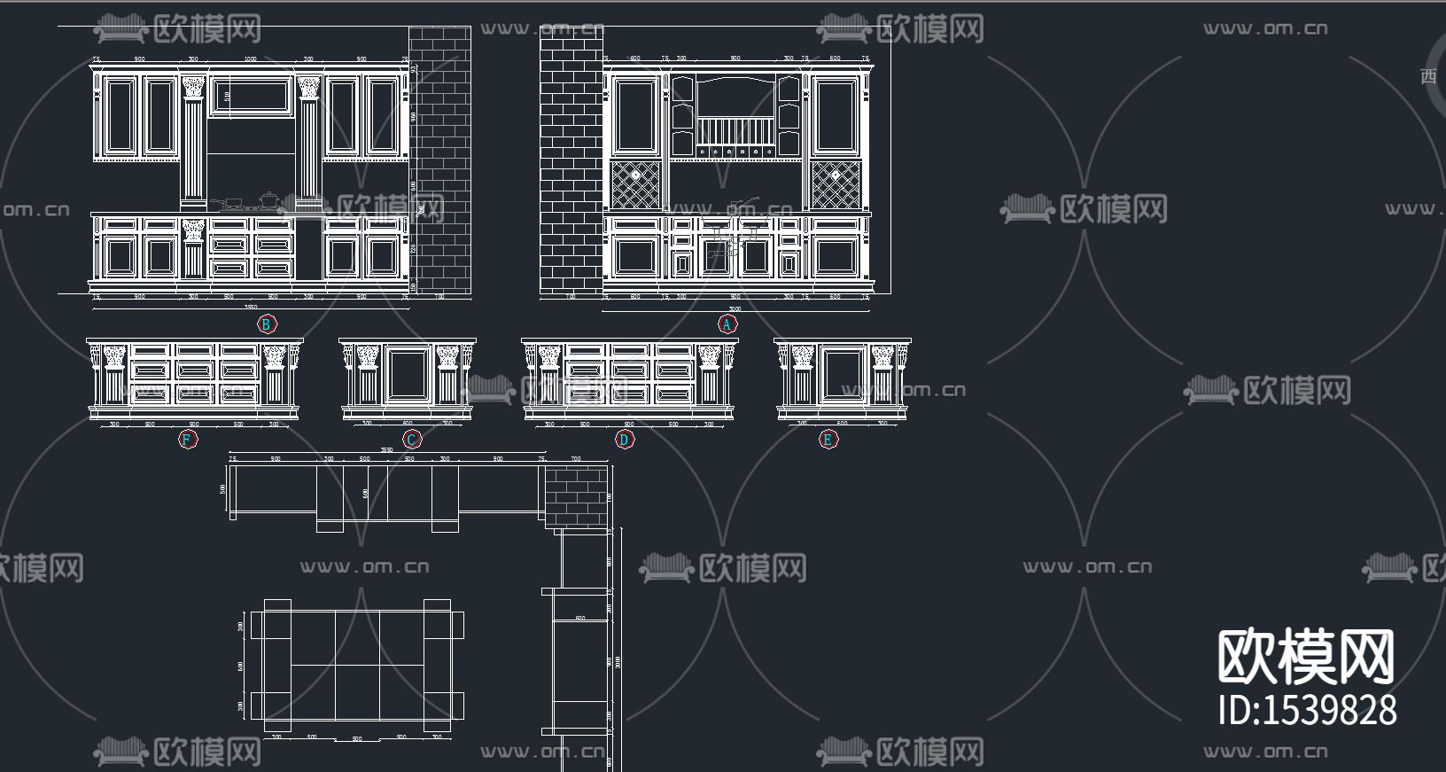 欧式橱柜cad施工图下载（渲染图3）