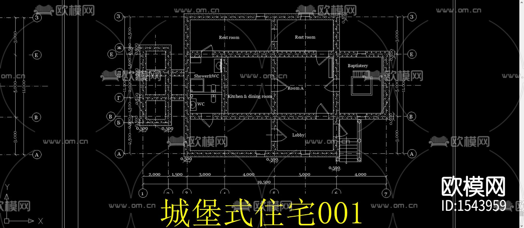 城堡式住宅平立面cad图库下载（渲染图2）