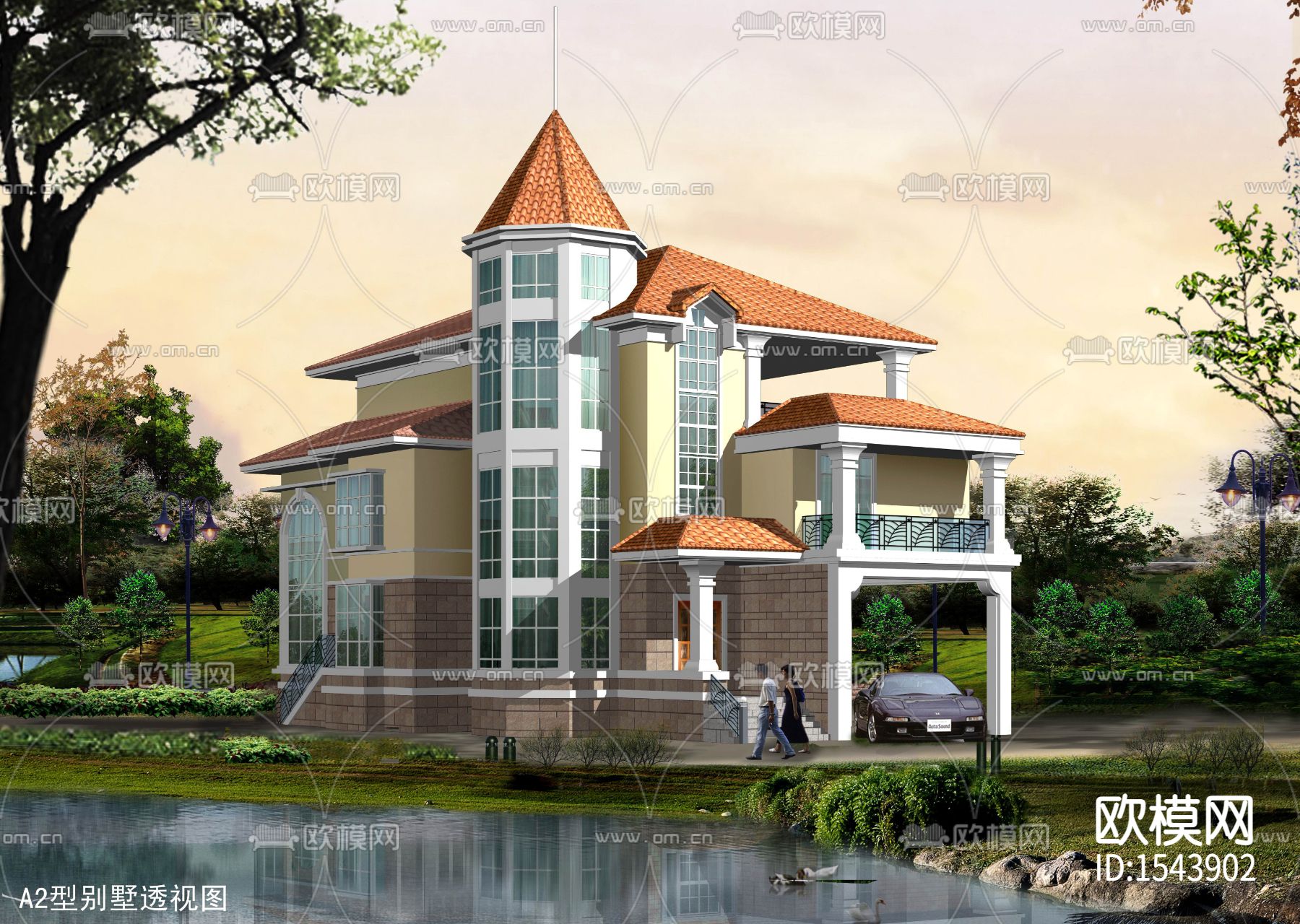 别墅建筑cad施工图下载（渲染图1）