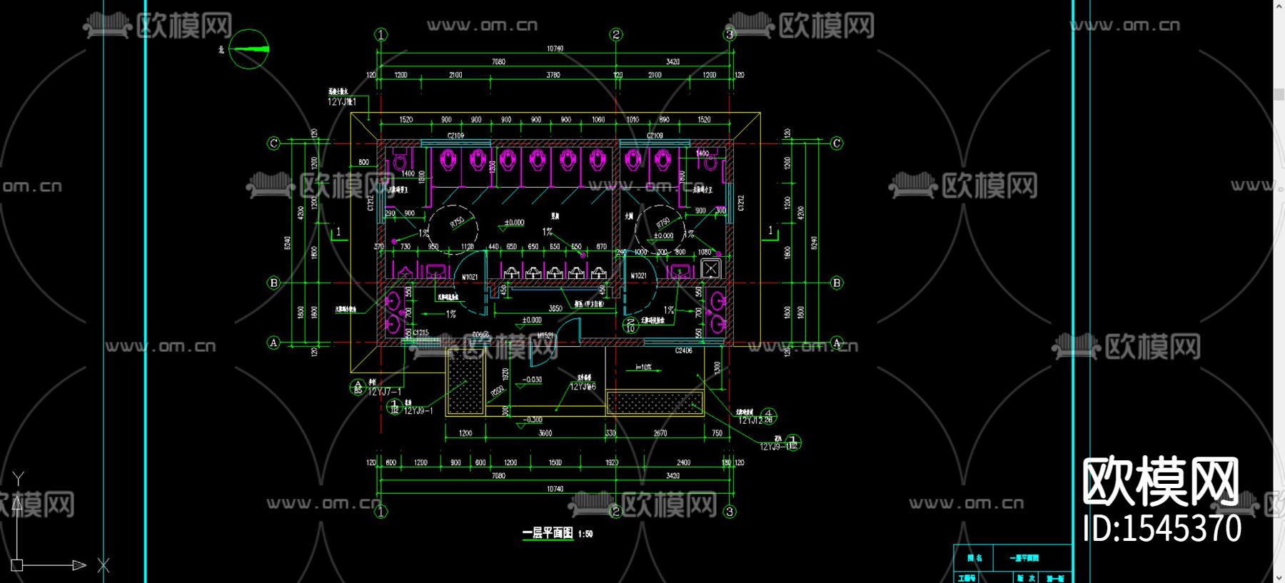现代坡屋顶公厕cad施工图下载（渲染图1）