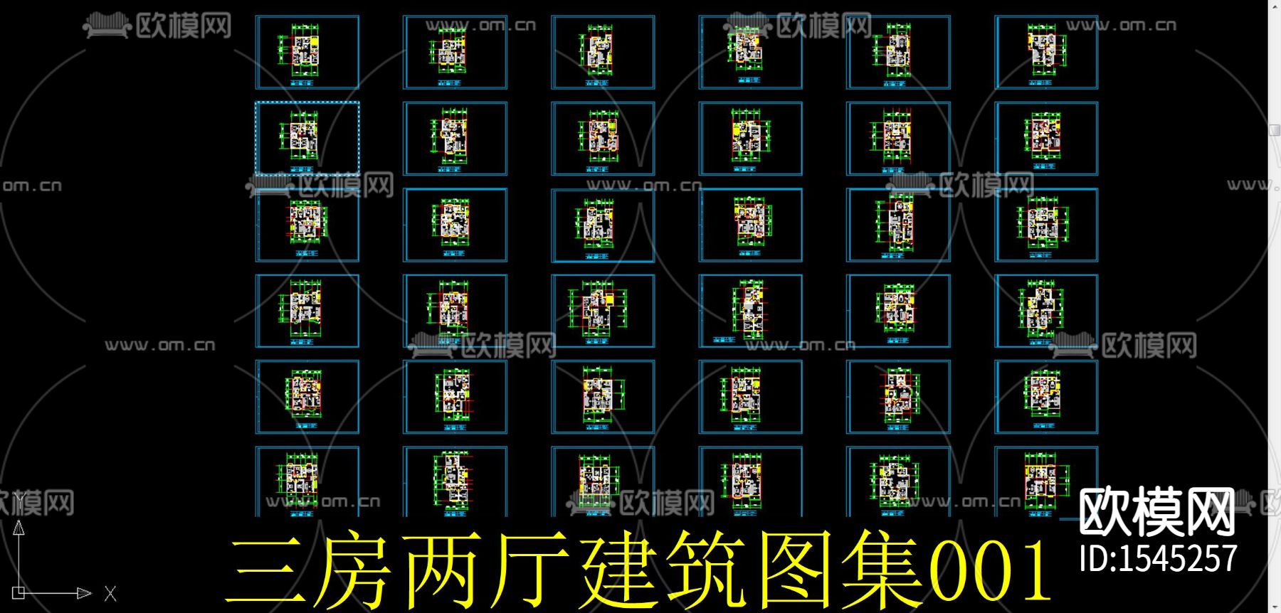 三房两厅建筑户型cad施工图下载（渲染图1）