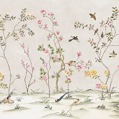  新中式禅意花鸟彩绘壁纸 