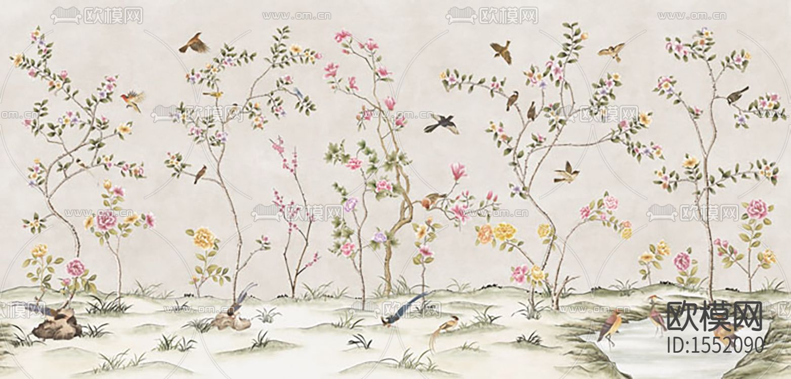 新中式禅意花鸟彩绘壁纸下载