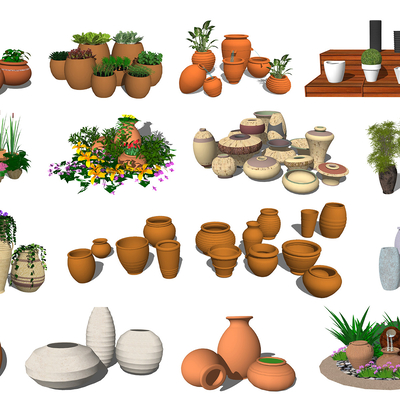  现代陶罐陶盆罐子花盆花瓶su模型 