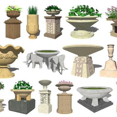  欧式花钵花坛花柱花盆su模型 