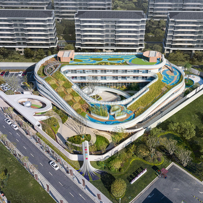  现代幼儿园鸟瞰su模型 