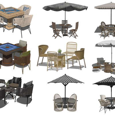  现代麻将桌户外桌椅su模型 