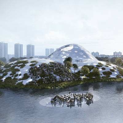  现代文化馆鸟瞰su模型 