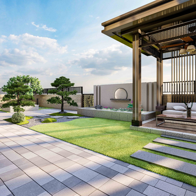  新中式庭院花园su模型 