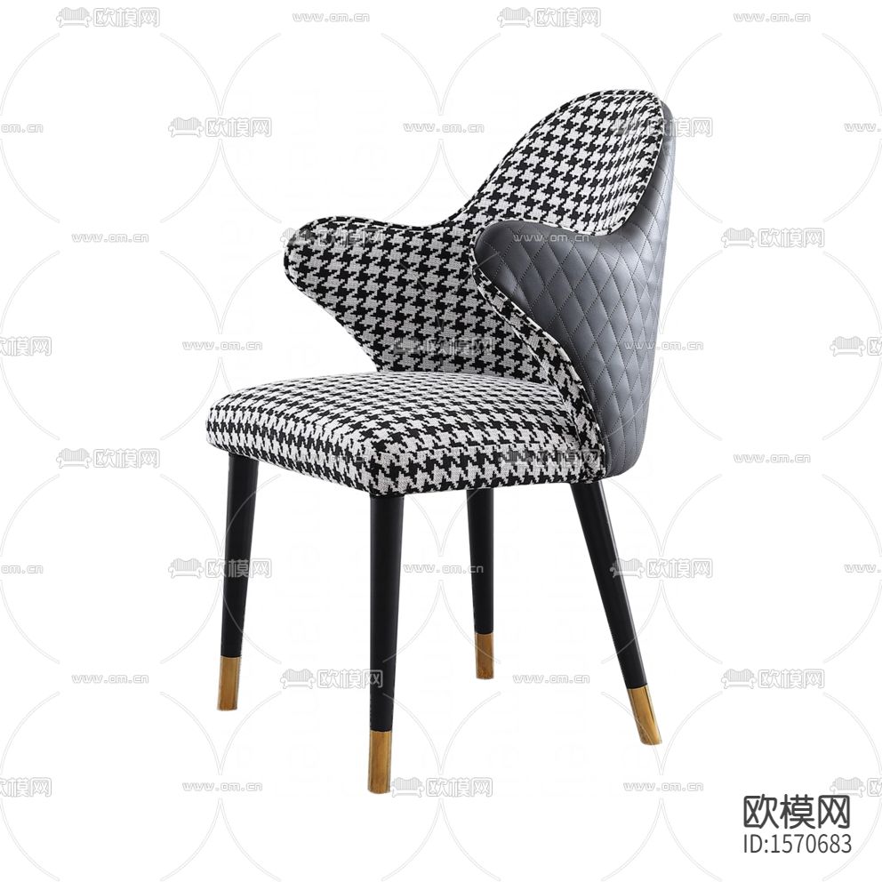 现代轻奢黑色皮革千鸟格布艺实木休闲椅下载