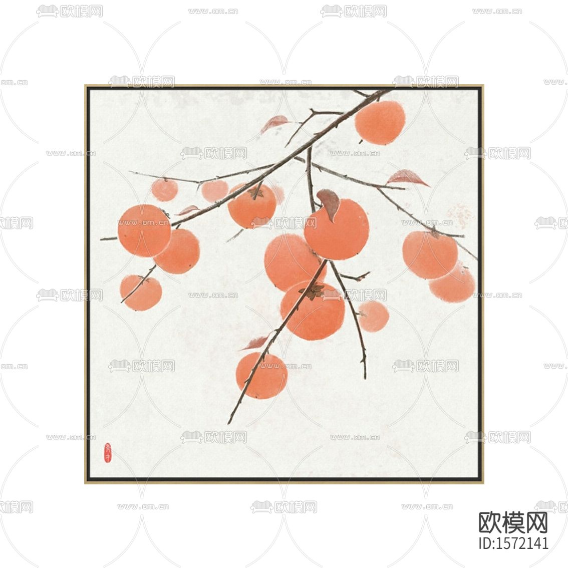 新中式禅意彩色柿子树装饰画下载
