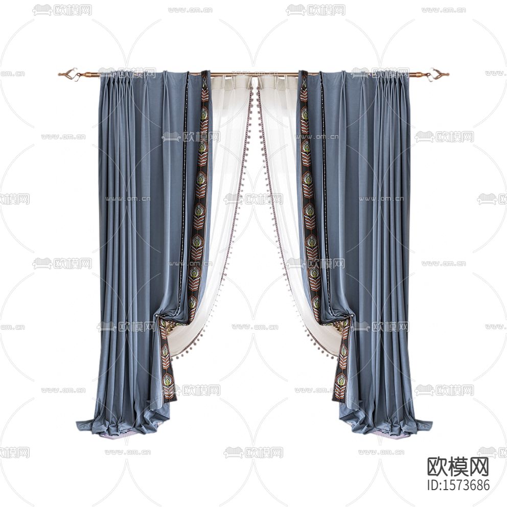 美式轻奢灰蓝色碎花布艺遮光窗帘下载