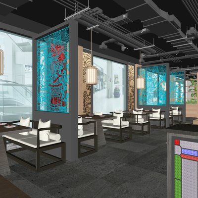  新中式餐厅su模型 