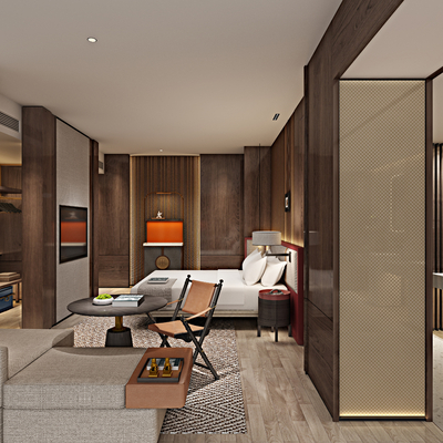  新中式民宿客房su模型 