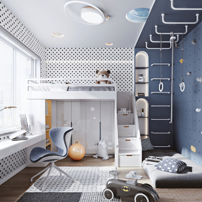  现代上下铺儿童房su模型 