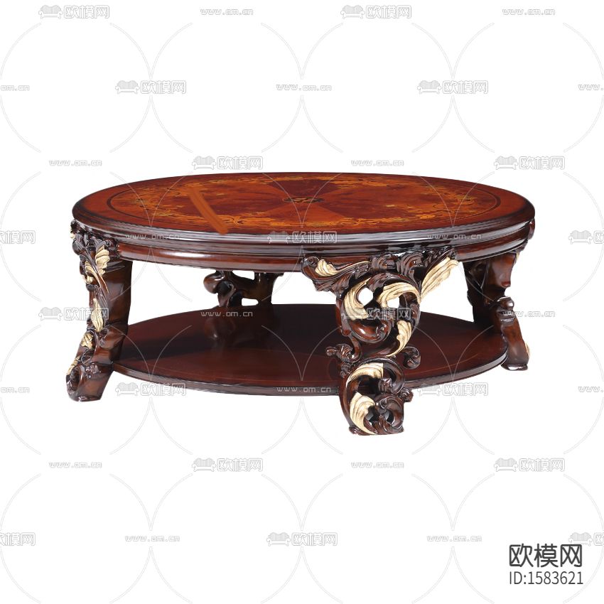 欧式古典红木雕花描金圆形茶几下载