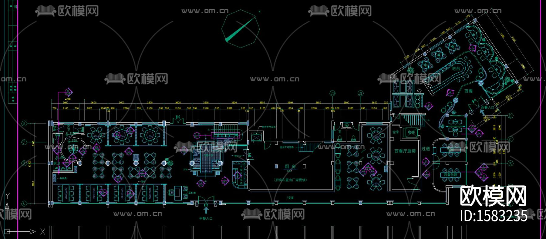 二层中式餐厅cad施工图下载（渲染图2）