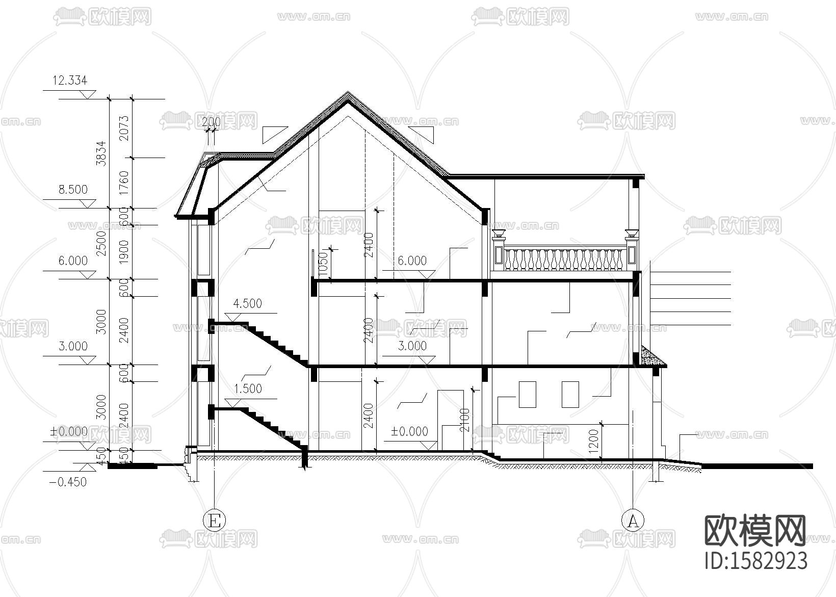 三层独栋别墅建筑cad施工图下载（渲染图2）