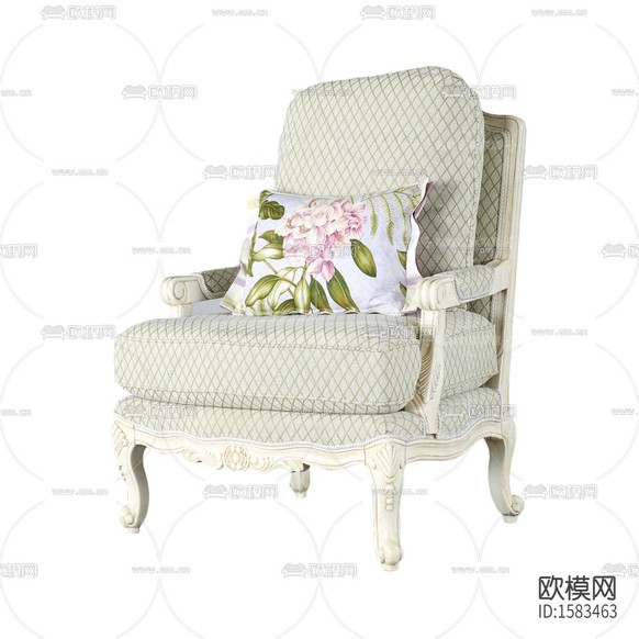 美式鄉(xiāng)村白色實木雕花布藝單人沙發(fā)下載