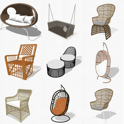  现代藤编户外椅su模型 