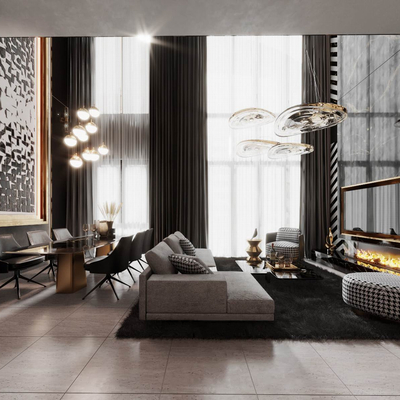  现代别墅客餐厅su模型 