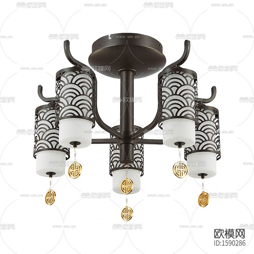 新中式轻奢金属云纹玻璃多头吊灯下载