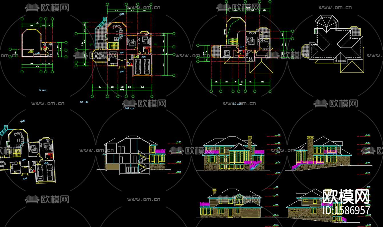 二层现代别墅cad施工图-免费3dmax模型库-欧模网