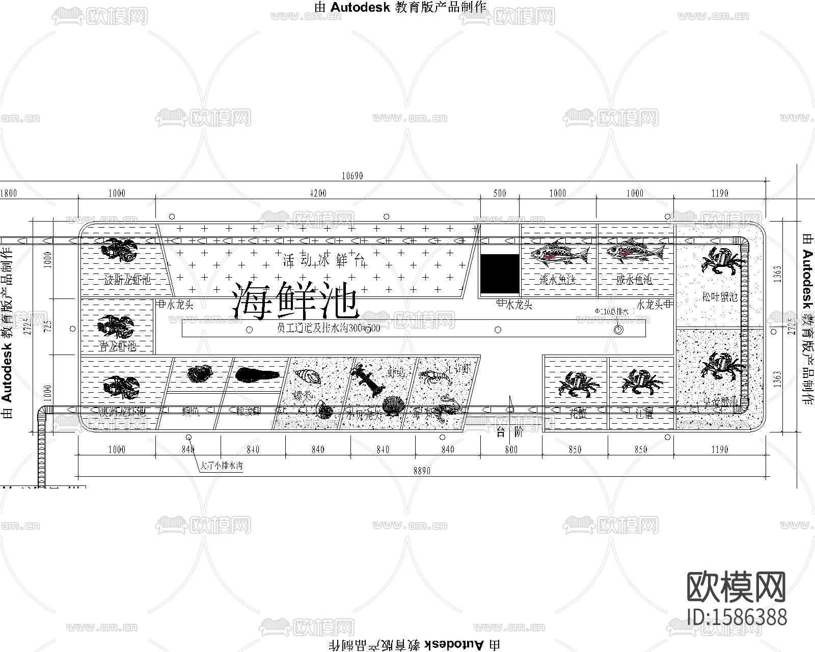 海鲜池cad平面布置图下载（渲染图2）
