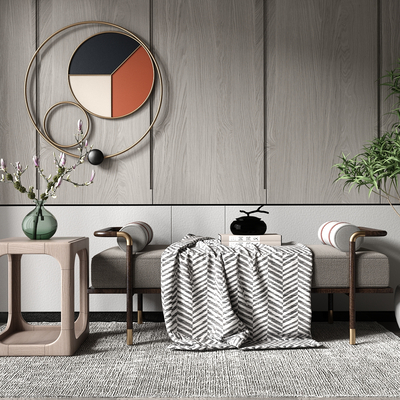  新中式布艺床尾凳脚踏su模型 