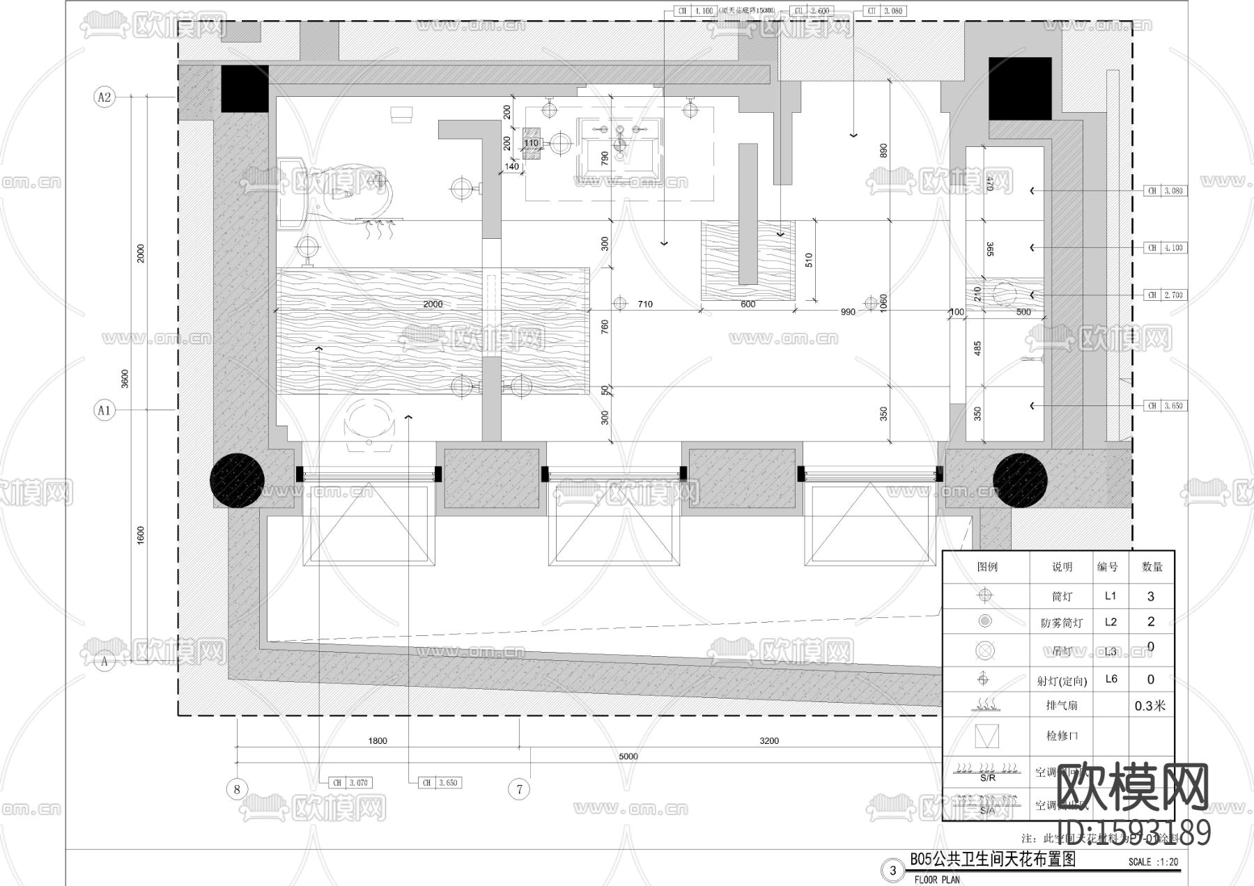 公共卫生间cad施工图下载（渲染图3）