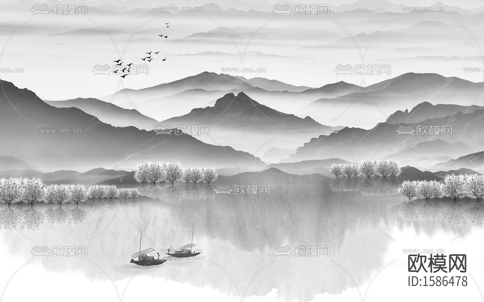 新中式山水挂画贴图下载