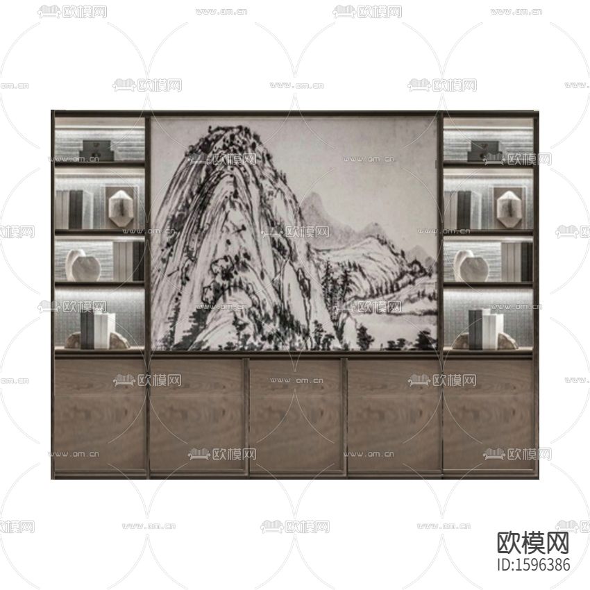 新中式禅意实木山水画装饰柜