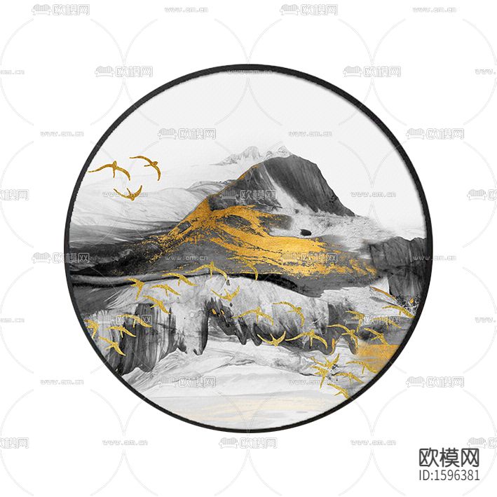 新中式简约彩色水墨山水描金飞鸟装饰画
