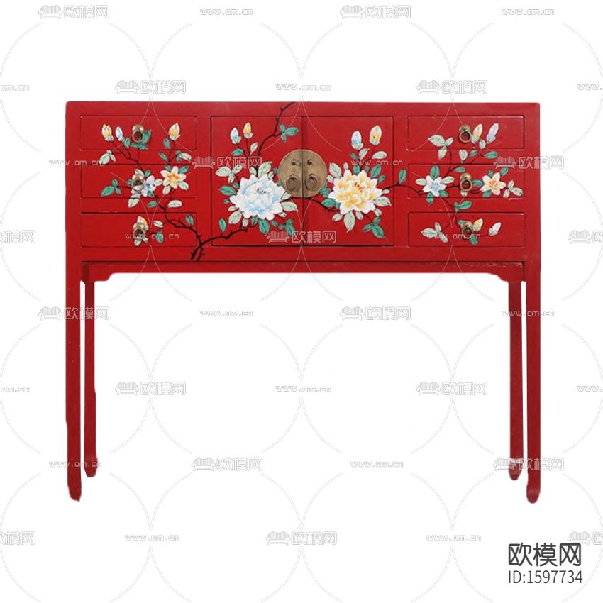 新中式古典红漆彩绘实木边柜下载