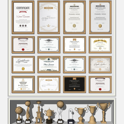  现代荣誉证书奖杯su模型 