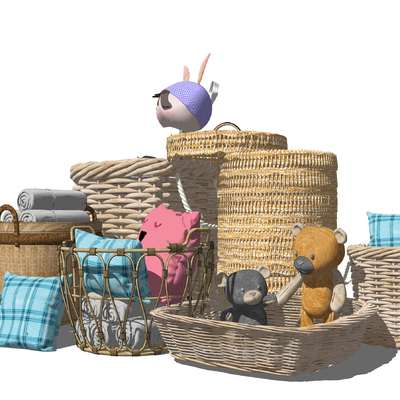  现代藤编篓收纳筐置物篓su模型 