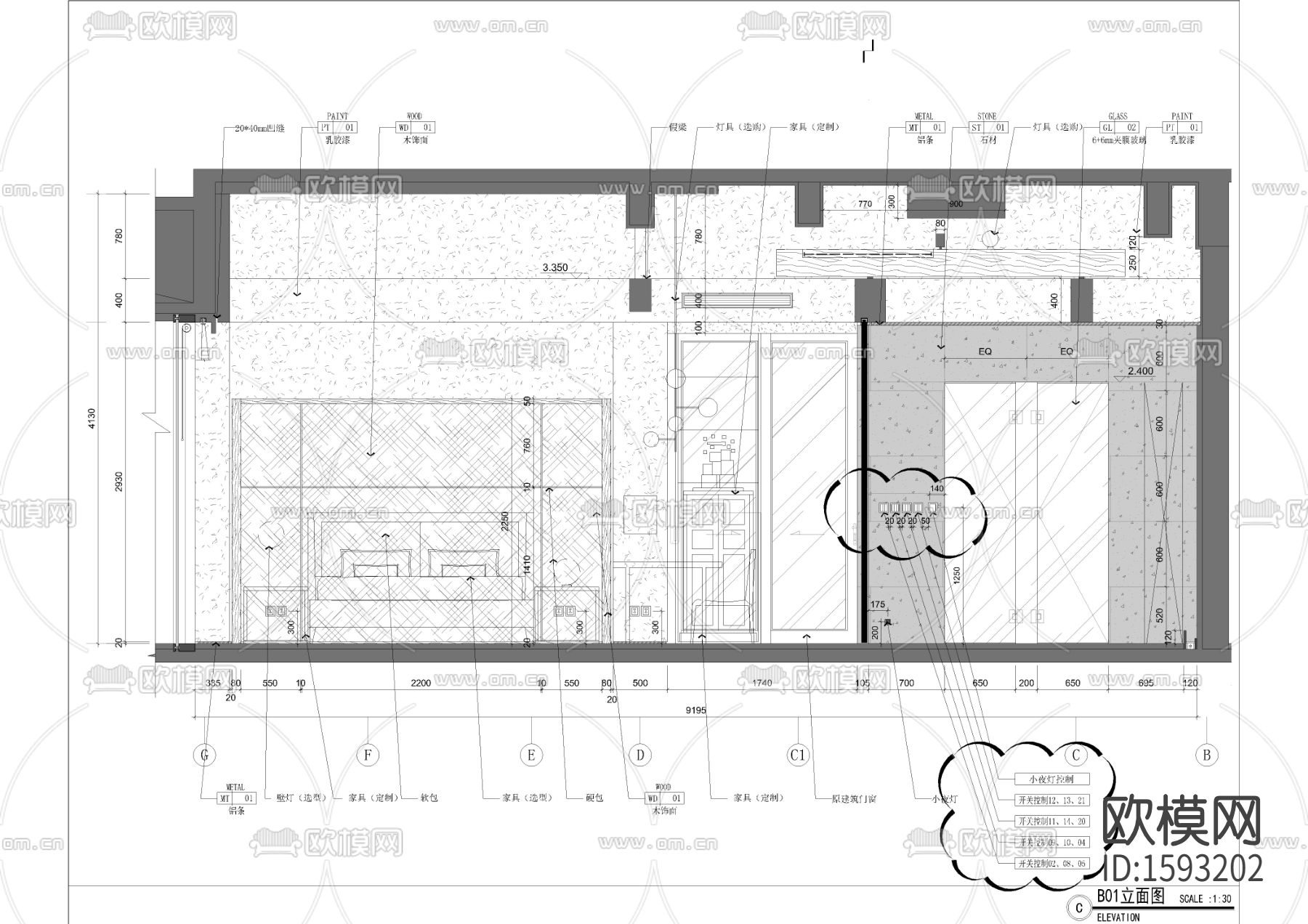 套房立面cad施工图下载（渲染图1）