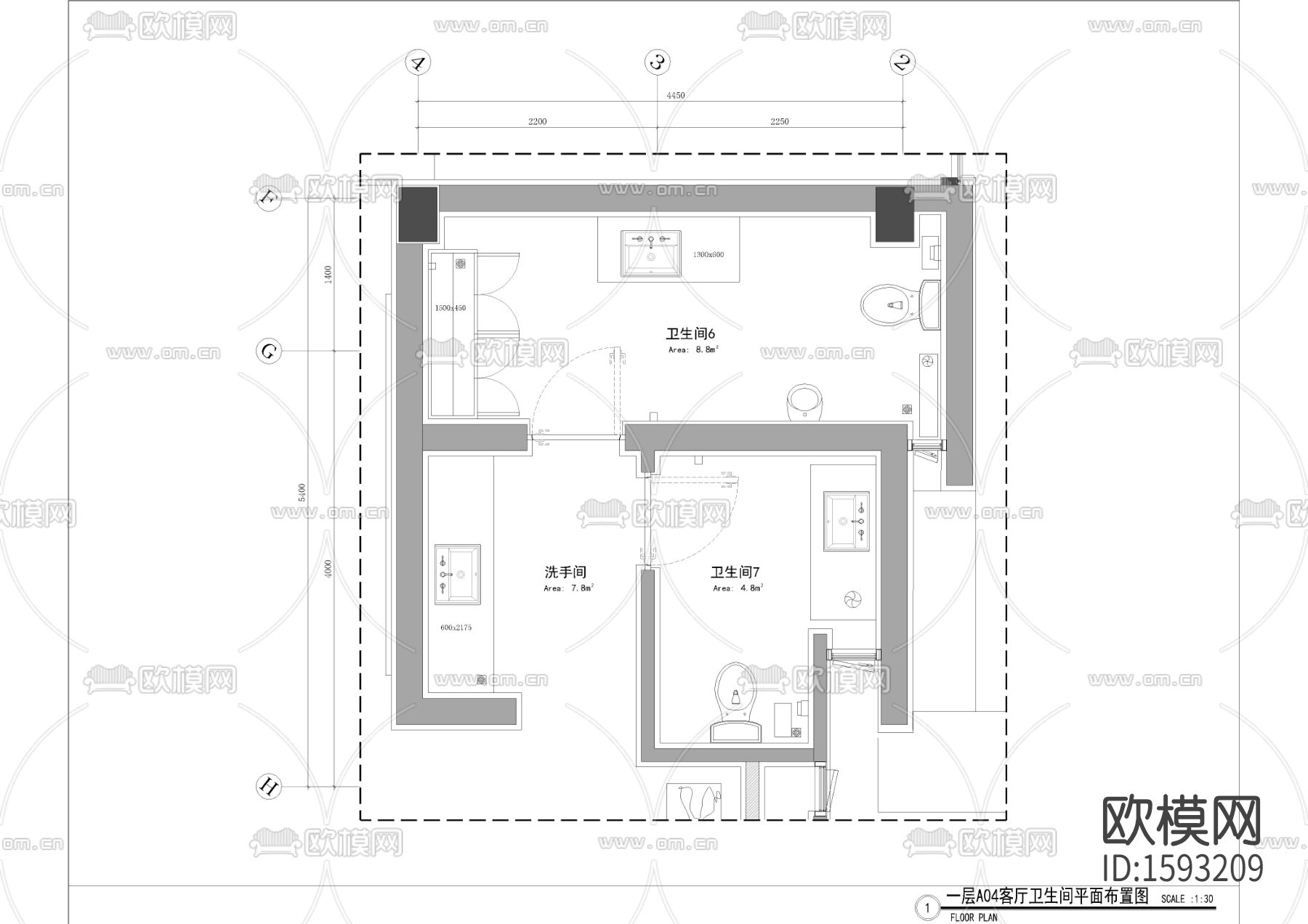 客厅卫生间平面cad施工图下载（渲染图2）