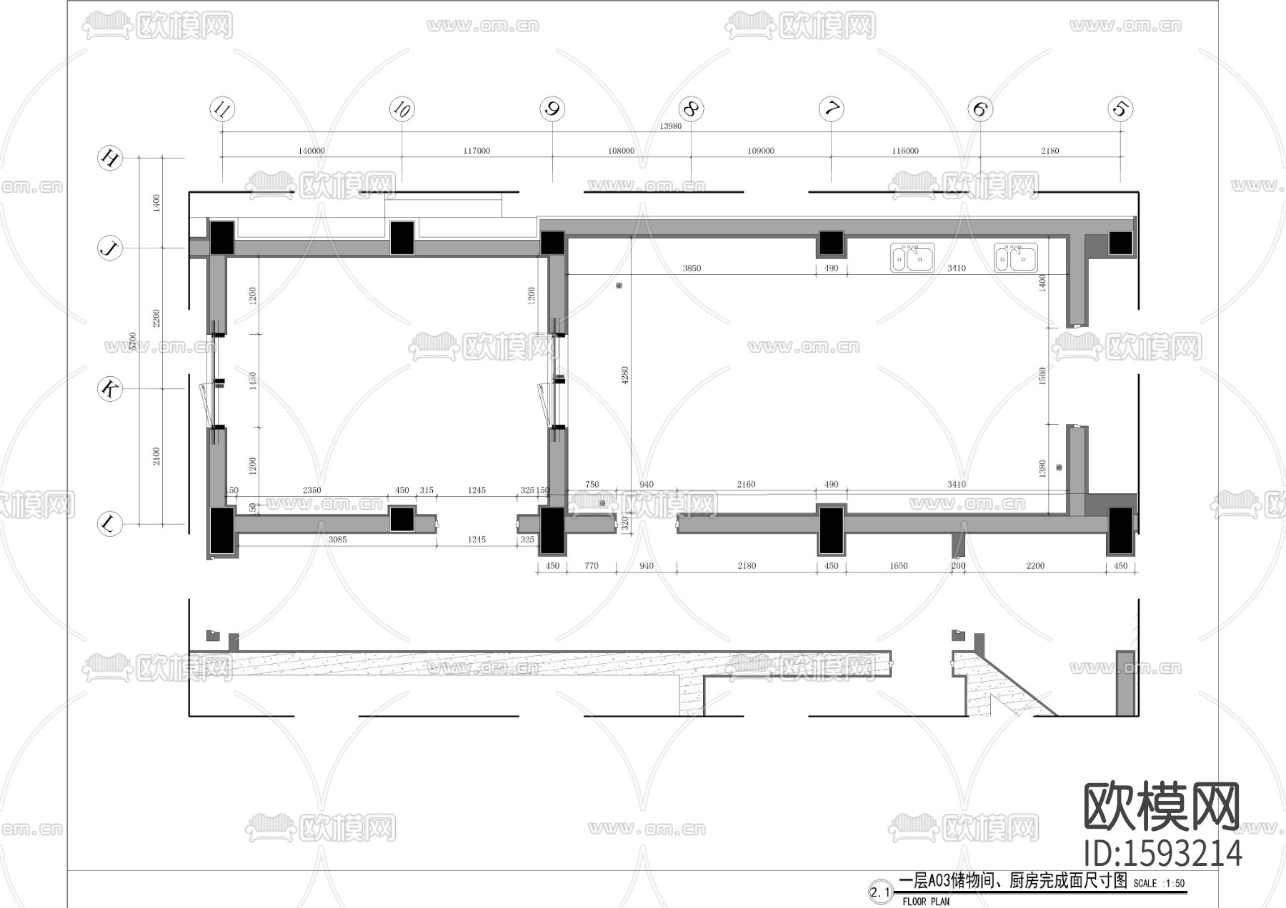 总平及厨房过道平面cad施工图下载（渲染图2）