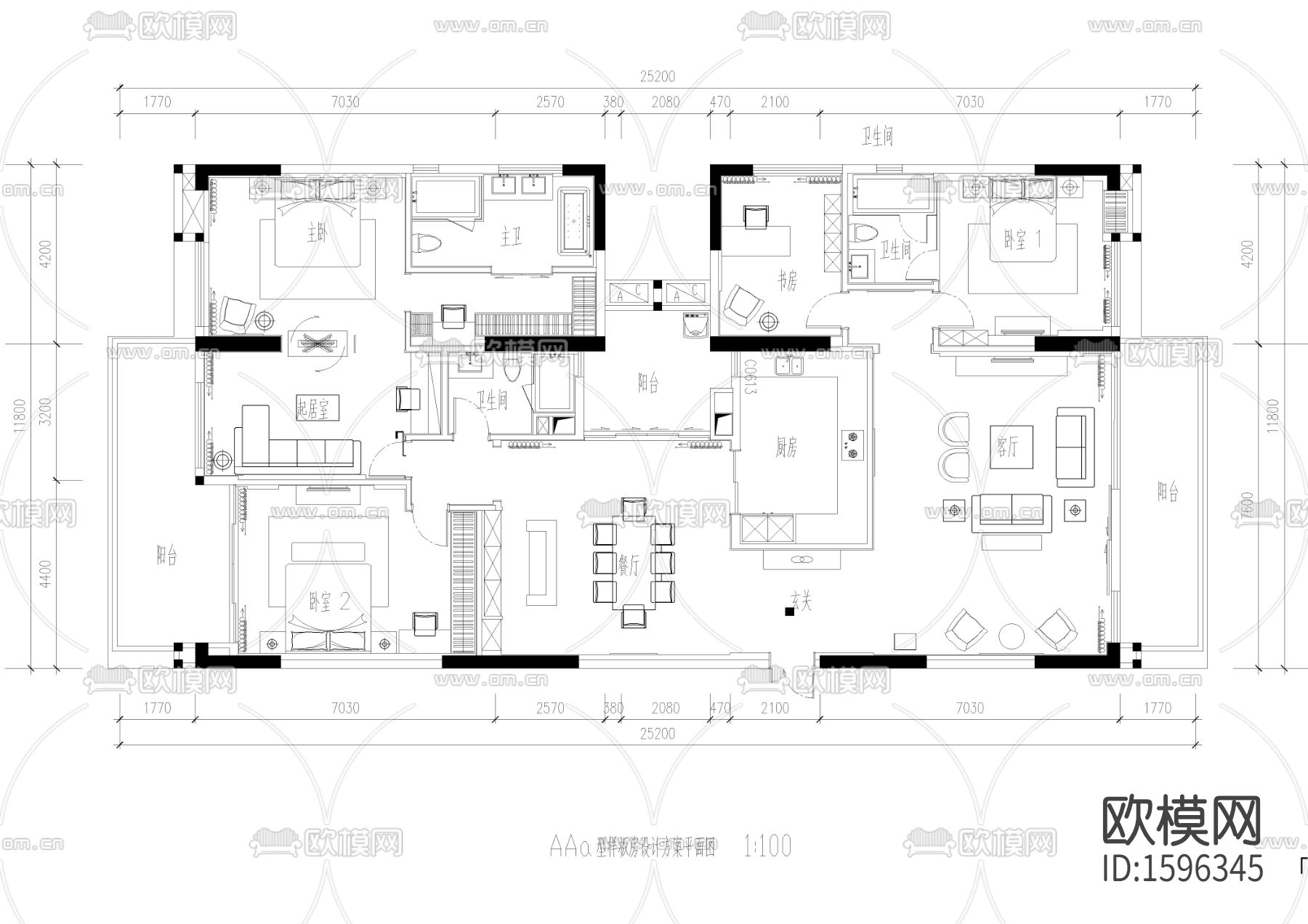 大平层平面cad施工图下载（渲染图1）