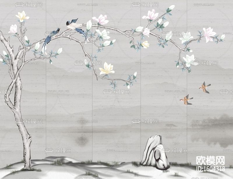 新中式简约禅意树木花鸟背景墙