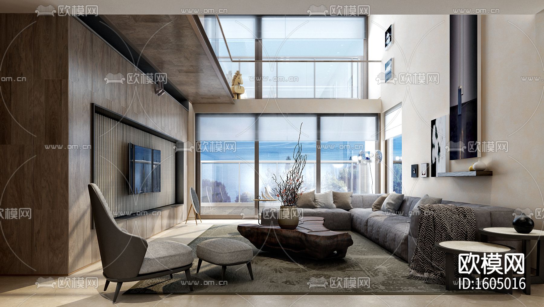 现代五层四居室别墅装修施工图下载（渲染图1）