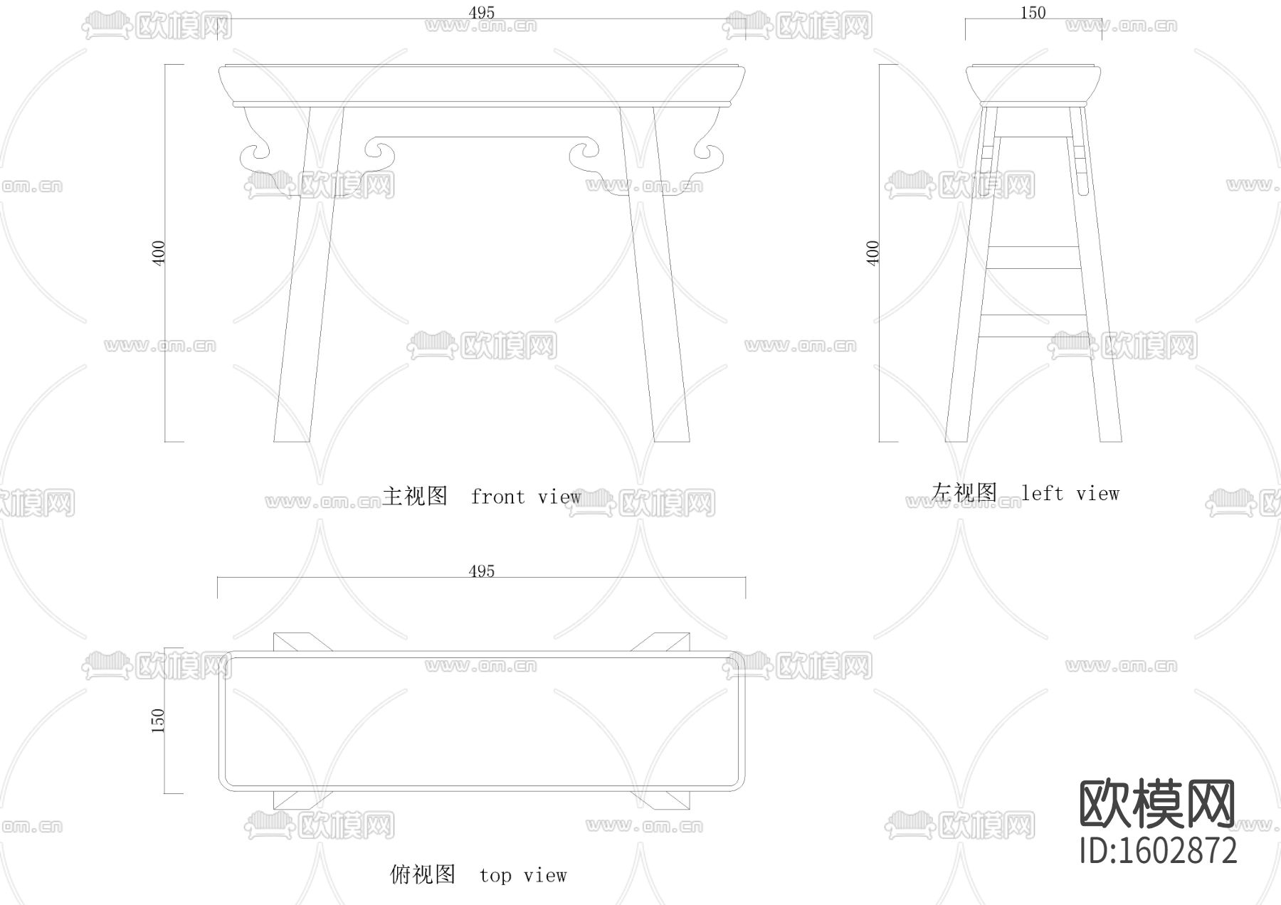 中式条凳cad图库下载（渲染图1）