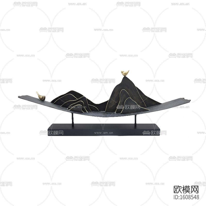 新中式轻奢金属山石飞鸟摆件下载